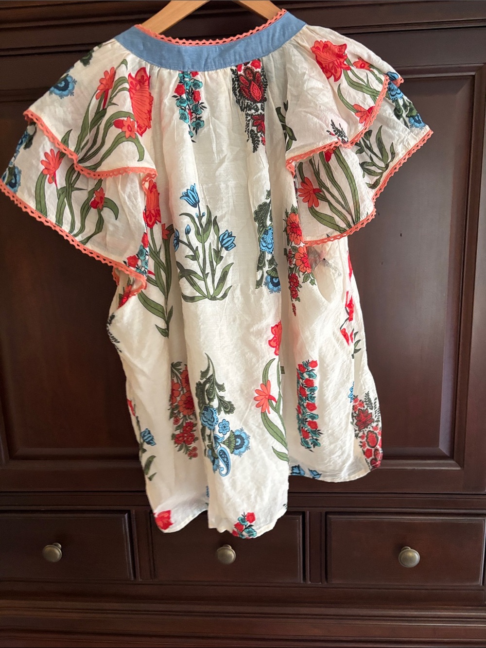 THML cream Floral Embroidered Peasant Blouse with Coral & Blue Accents - Picture 7 of 7